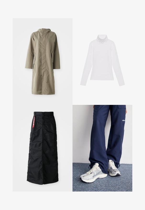 Khakifarbenen Regenmantel mit Kapuze, aus glattem, wasserabweisendem Material hergestellt. Verfügt über lange Ärmel und seitliche Taschen, die eine lockere Passform bieten.; Weißes Langarm-Turtleneck-Oberteil aus glattem, elastischem Stoff. Mit hohem Kragen und tailliertem Schnitt, ohne sichtbare Muster oder Verzierungen.; Schwarzer langer Rock mit vorderem Knopf und Reißverschluss, seitlichen Cargo-Taschen und einem roten "Remove Before Flight" Stoffetikett am Taillenbündchen.; Nike Sportschuhe mit einem silbernen Mesh-Obermaterial, weißen Akzenten und strukturierten Sohlen, kombiniert mit locker sitzenden marineblauen Hosen.