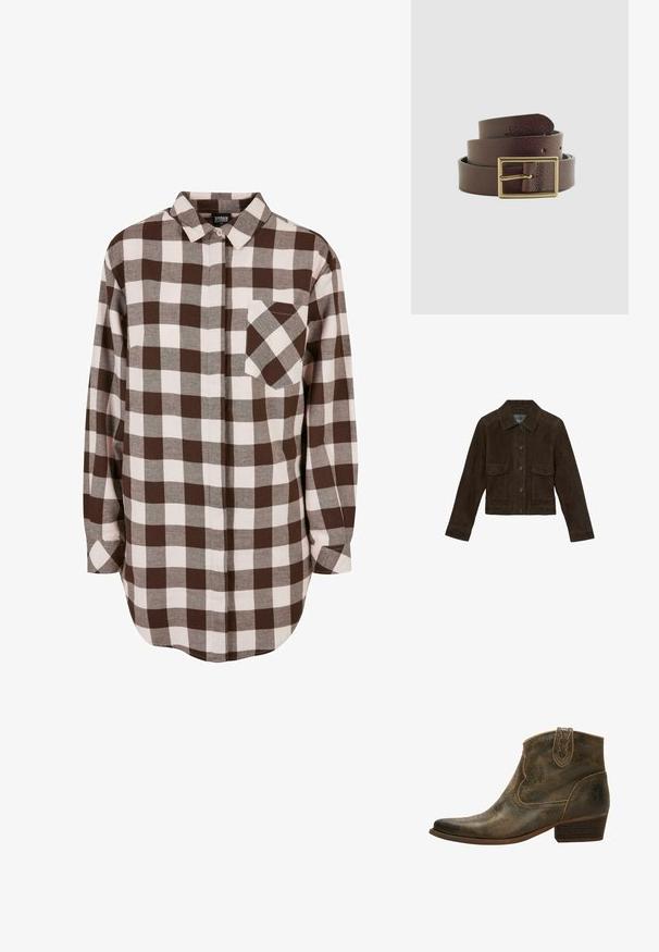 Reiss REGULAR FIT - HANSON TRUCKER - Kožená bunda - chocolate brown; Hnedá a biela kockovaná flanelová košeľa s dlhými rukávmi, gombíkovým zapínaním a jedným vreckom na hrudi. Mäkkučká textúra a zaoblený lem.; Hnedá kožená členková obuv s špicatou špičkou, dekoratívnym prešívaním a nízkym podpätkom. Má jemne textúrovaný povrch a úchytku.; Okrúhly tmavohnedý kožený opasok s mosadznou obdĺžnikovou prackou a embosovaným logom "Levi's" na konci pásu.