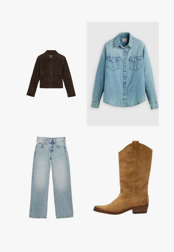 Reiss REGULAR FIT - HANSON TRUCKER - Kožená bunda - chocolate brown; Svetlomodrá rifľová košeľa s klasickým golierom, zapínaním na gombíky vpredu, dvoma náprsnými vreckami, manžetami na gombíky a mierne zaobleným spodným lemom.; Svetlomodré denimové nohavice s širokými nohavicami a vysokým pásom, s piatimi vreckami, gombíkovým zapínaním a jemným blednutím pre opotrebovaný efekt.; Hnedé semišové cowboy čižmy s vysokým zvrškom, špicatou špičkou a jemným bielym prešívaním. Obsahujú vzorovaný akcent blízko päty a vrstvený drevený podpätok.