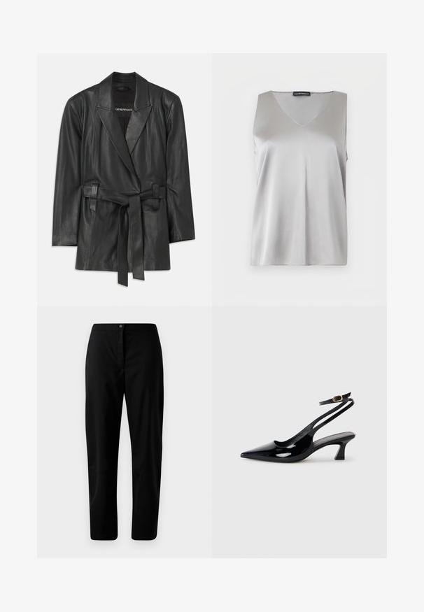 Sorte læderblazer med klippet krave, bælte i livet og skræddersyet pasform. Glat tekstur og minimalistisk design. Velegnet til lagdeling.; Sølvfarvet satin ærmeløs top med V-hals og Emporio Armani-mærke på en hvid baggrund.; Sorte lige bukser med knap- og lynlåslukning, glat stof og minimal detaljering mod en ensfarvet lyse baggrund.; Sorte patenterede læderslingbacks med spidse tæer, lav blokhælt og justerbar ankelrem med guldspænde.