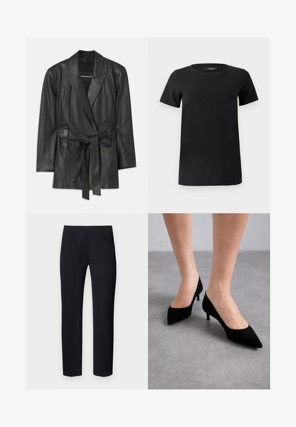 Sorte læderblazer med klippet krave, bælte i livet og skræddersyet pasform. Glat tekstur og minimalistisk design. Velegnet til lagdeling.; Sort t-shirt med korte ærmer lavet af blødt bomuldsstof, med rund halsudskæring og et enkelt, klassisk design uden pynt.; Sorte skræddersyede bukser med slim fit, der har en glat overflade og en flad forside. Ingen synlige lommer eller hardware-detaljer.; Sorte ruskindspistede højhælede sko med en slank, klassisk mid-højde hæl og en bred åbning, præsenteret på bare fødder mod en grå baggrund.