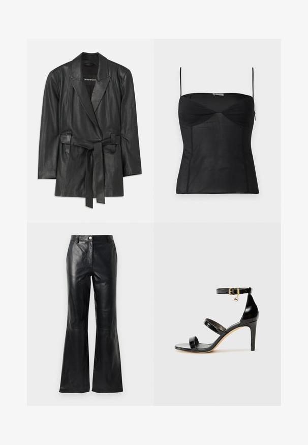 Sorte læderblazer med klippet krave, bælte i livet og skræddersyet pasform. Glat tekstur og minimalistisk design. Velegnet til lagdeling.; Sort ærmeløs tætsiddende top med tynde skulderstropper, hjerteformet udskæring og sømdetaljer på en ensartet hvid baggrund.; Sorte faux læderbukser med høj talje, knaplukning, bæltesløjfer og flagrende ben foran en hvid baggrund.; Sorte patenterede lædersandaler med tre stropper, ankelspænde og 10 cm stiletthæl. Har detaljer i guld og et logo charms.