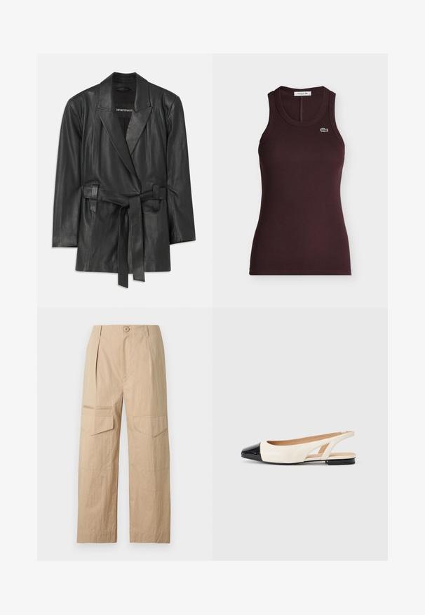 Sorte læderblazer med klippet krave, bælte i livet og skræddersyet pasform. Glat tekstur og minimalistisk design. Velegnet til lagdeling.; Mørkebrun ribbet ærmeløs top med rund halsudskæring og lille grønt krokodille-logo på venstre bryst.; Beige cargobukser med vide ben, forfra knaplukning, bæltestropper og klaplommer på lårene.; Dame sko med lav hæl, slingback, i cremefarve med sort skinnende spids og åben hæl, på en ensartet lysegrå baggrund.