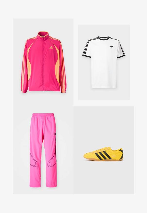 Φωτεινό ροζ αθλητικό μπουφάν Adidas με ροδακινί πλαϊνές λωρίδες, ροδακινί ρίγες στα μανίκια, ελαστικά μανσέτα και φερμουάρ στο μπροστινό μέρος.; Λευκό βαμβακερό t-shirt με μαύρο ριγωτό λαιμό και μανίκια, διαθέτει τρεις μαύρες ρίγες σε κάθε ώμο και ένα μικρό λογότυπο στο στήθος.; Ροζ αθλητικά παντελόνια με ελαστική μέση, πλαινά τσέπες και αντίθετα μαύρα καμπυλωτά σχέδια με λογότυπο Adidas.; Κίτρινο αθλητικό παπούτσι με υφή στο επάνω μέρος, με μαύρες ρίγες και λογότυπο. Στρογγυλεμένη μύτη, μαλακή σόλα και ζιγκ-ζαγκ σχέδιο στο υλικό.