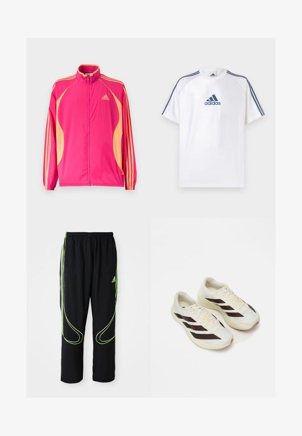 Φωτεινό ροζ αθλητικό μπουφάν Adidas με ροδακινί πλαϊνές λωρίδες, ροδακινί ρίγες στα μανίκια, ελαστικά μανσέτα και φερμουάρ στο μπροστινό μέρος.; Λευκό μπλουζάκι Adidas με μπλε λεπτομέρειες, κοντά μανίκια και στρογγυλή λαιμόκοψη. Φέρει το λογότυπο Adidas σε μπλε χρώμα στο μπροστινό μέρος και τρεις ρίγες στους ώμους.; Μαύρα αθλητικά παντελόνια Adidas με νεον πράσινες καμπύλες γραμμές και τρεις ρίγες στα πλάγια, ελαστική μέση και λογότυπο Adidas στο μπροστινό μπούστο.; Ανοιχτόχρωμα αθλητικά παπούτσια με σκούρες καφέ διαγωνίους ρίγες, υφασμάτινο επάνω μέρος με υφή και μαλακή σόλα. Διαθέτει κίτρινη σήμανση "ADIZERO".