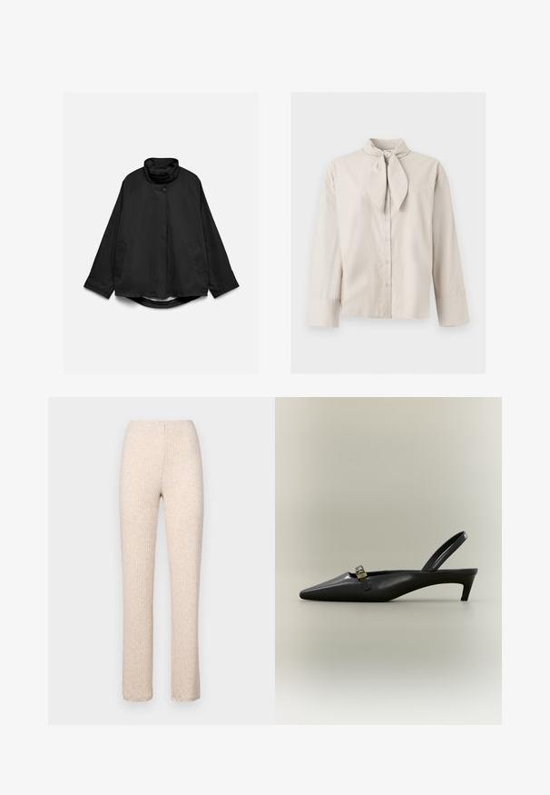 Veste noire légère avec col montant, deux poches avant, fermetures à boutons et manches longues, présentée à plat sur fond blanc.; Blouse beige à manches longues avec boutons, détail noué au niveau du col et larges poignets aux manches, présentée sur un fond clair uni.; Pantalons en tricot côtelé beige avec une taille élastique, jambes droites et une texture douce, adaptés pour un usage décontracté.; Escarpin slingback en cuir noir avec talon kitten, bout pointu et petite boucle dorée sur un fond uni.