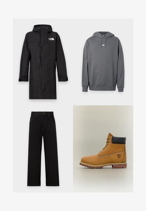 Manteau imperméable noir avec capuche, fermeture à pressions sur le devant, deux grandes poches avant, manches avec poignets réglables, et un logo sur le côté supérieur gauche.; Hoodie gris en tissu doux, avec une poche kangourou, une capuche à cordon, des poignets côtelés et un petit logo sur la poitrine.; Pantalons en denim noir à coupe droite, dotés de poches avant, de surpiqûres jaunes contrastantes et d'une fermeture à bouton à la taille.; Bottine en cuir marron avec col noir, lacets jaunes et semelle beige. Présente un logo et des détails de couture blanche. Semelle extérieure à traction robuste.