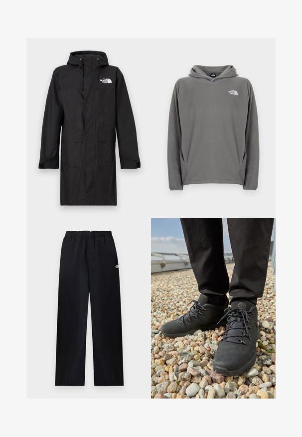 Manteau imperméable noir avec capuche, fermeture à pressions sur le devant, deux grandes poches avant, manches avec poignets réglables, et un logo sur le côté supérieur gauche.; Sweat à capuche en polaire grise avec une poche avant, une capuche à cordon de serrage ajustable et un petit logo blanc sur le côté gauche de la poitrine.; Pantalon droit à taille élastique noire avec petit logo blanc sur la partie supérieure de la cuisse droite, présenté à plat sur un fond clair.; Chaussures de randonnée noires en cuir texturé, avec des lacets robustes et un col de cheville rembourré, portées avec un pantalon sombre sur une surface de gravier.