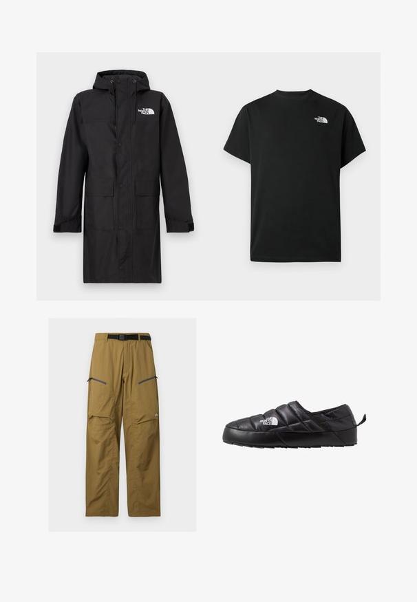 Manteau imperméable noir avec capuche, fermeture à pressions sur le devant, deux grandes poches avant, manches avec poignets réglables, et un logo sur le côté supérieur gauche.; T-shirt noir à manches courtes en coton. Présente un logo blanc sur le côté gauche de la poitrine. Coupe simple avec un col rond et des détails de design minimalistes.; Pantalon de plein air kaki avec ceinture noire réglable, deux poches zippées sur les cuisses et coutures au niveau des genoux, présenté sur un fond uni.; Chaussure noire à enfiler avec un design matelassé, fabriquée en matériau rembourré. Elle présente une semelle en caoutchouc texturée et une petite languette à l'arrière.