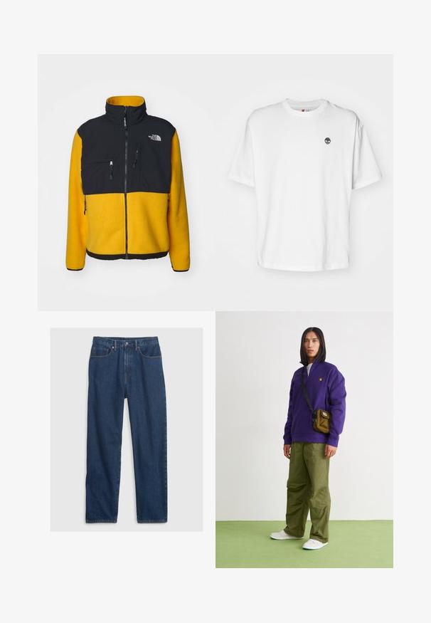 The North Face M RETRO DENALI JACKET - Forro polar - summit gold/black; Camiseta de algodón blanca con cuello redondo, mangas cortas y un pequeño logo negro de un árbol en el lado izquierdo del pecho. Tejido suave, corte relajado.; Jeans de mezclilla en azul oscuro con corte recto, presentan un diseño de cinco bolsillos, botón superior y acentos de remaches de cobre.; Jordan AIR JORDAN 1 ZM CMFT 2 - Zapatillas altas - summit white/bicoastal/oxidized green