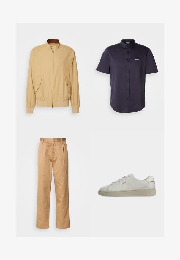 Veste bomber beige avec une fermeture éclair à l'avant, un col montant, deux poches latérales et des poignets côtelés. Texture lisse et matériau léger.; Polo à manches courtes, bleu marine foncé, en mélange de coton lisse, avec un col boutonné et un logo "BOSS" brodé sur la poitrine.; Pantalons khaki, en mélange de coton, coupe droite, plis avant, passants de ceinture et fermeture à bouton. Texture lisse sans motifs.; Baskets blanches basses avec semelle beige, logo doré "HUGO" sur le côté et accent rouge sur la languette du talon, vues de profil.
