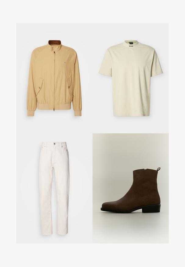 Veste bomber beige avec une fermeture éclair à l'avant, un col montant, deux poches latérales et des poignets côtelés. Texture lisse et matériau léger.; T-shirt beige à manches courtes avec col rond haut et texte "BOSS" imprimé sur le devant du col.; Jeans en denim blanc à jambe droite, avec fermeture à bouton et à fermeture éclair, passants de ceinture, et poches avant et arrière, présentés sur fond uni.; Bottine en cuir marron avec un petit talon noir et une languette à l’arrière, montrée de profil sur un fond neutre.