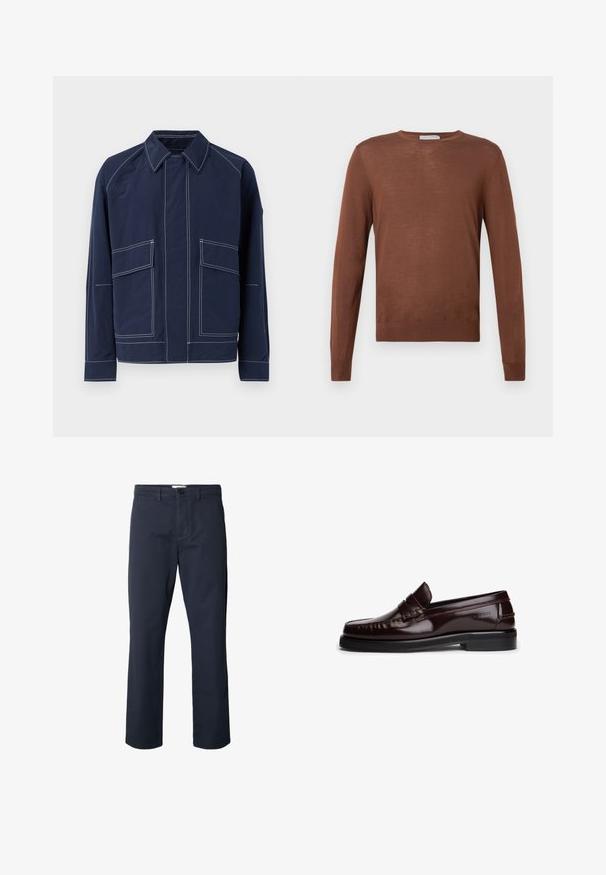 Marineblå jakke med krave, to store frontlommer, kontrast hvide sømme og afslappet pasform. Lavet af letvægtsmateriale.; Brun strikket sweater med lange ærmer og rund hals. Har en let tekstur samt ribbede manchetter og kant. Simple design.; Mørkeblå rette bukser med bæltestropper, frontknaplukning og lynlås, vist på hvid baggrund.; Brune læder loafers med en blank finish, dekoreret med syninger, en rem tværs over vampen og en flad gummisål.