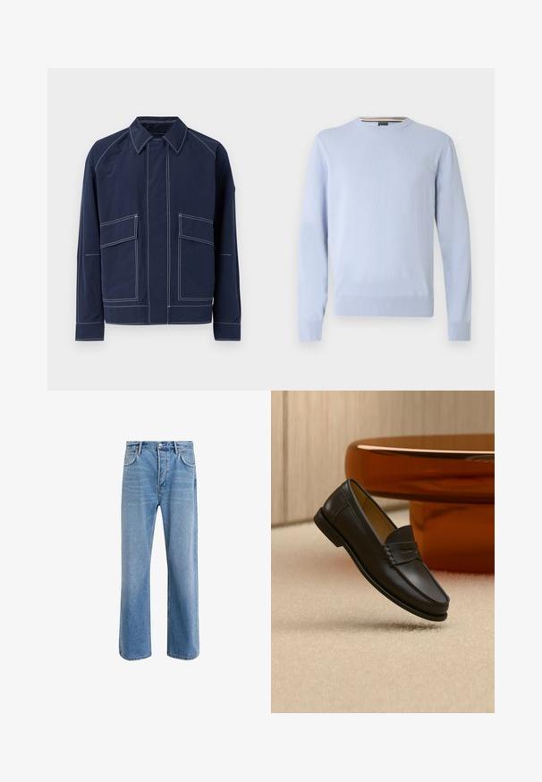 Veste bleu marine avec un col, deux grandes poches avant, des coutures blanches contrastées et une coupe décontractée. Fabriquée en matériau léger.; Pull bleu clair, col rond, manches longues, poignets et ourlet côtelés, avec un petit logo sur la poitrine, en tissu tricoté doux.; Jeans en denim bleu clair avec une coupe droite, cinq poches, fermeture à bouton, peu d'usure et des détails de couture contrastés.; Chaussure mocassin en cuir noir suspendue au-dessus d’un tapis beige avec du mobilier moderne couleur ambre en arrière-plan.