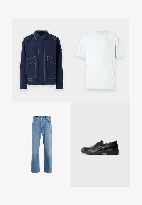 Marineblå jakke med krave, to store frontlommer, kontrast hvide sømme og afslappet pasform. Lavet af letvægtsmateriale.; Lyseblå bomuld t-shirt med rund hals, korte ærmer og minimalistisk broderet logo på brystet. Glat tekstur, enkelt design.; Lyseblå denim jeans med lige ben-design, fem lommer, knaplukning, minimal falming og kontraststingdetaljer.; Sorte læder slip-on dress sko med lav hæl og subtil Calvin Klein logo på siden, vist i profil på en hvid baggrund.