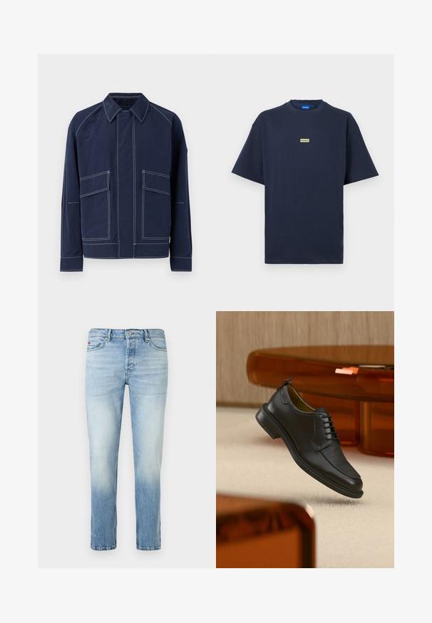 Marineblaue Jacke mit Kragen, zwei großen Fronttaschen, kontrastierender weißer Naht und lockerer Passform. Hergestellt aus leichtem Material.; Marineblaue T-Shirt mit kurzen Ärmeln und einem kleinen beigen rechteckigen Logo mit der Aufschrift "HUGO" in der Mitte der Brust.; Hellblaue Slim-Fit-Jeans mit verwaschenem Look, vorne Knopf- und Reißverschluss und Fünf-Taschen-Stil.; Schwarzer Leder-Schnürschuh mit texturierter Vorderseite, schwebend über beigem Teppich in einem modernen Raum mit bernsteinfarbenen Möbeln.