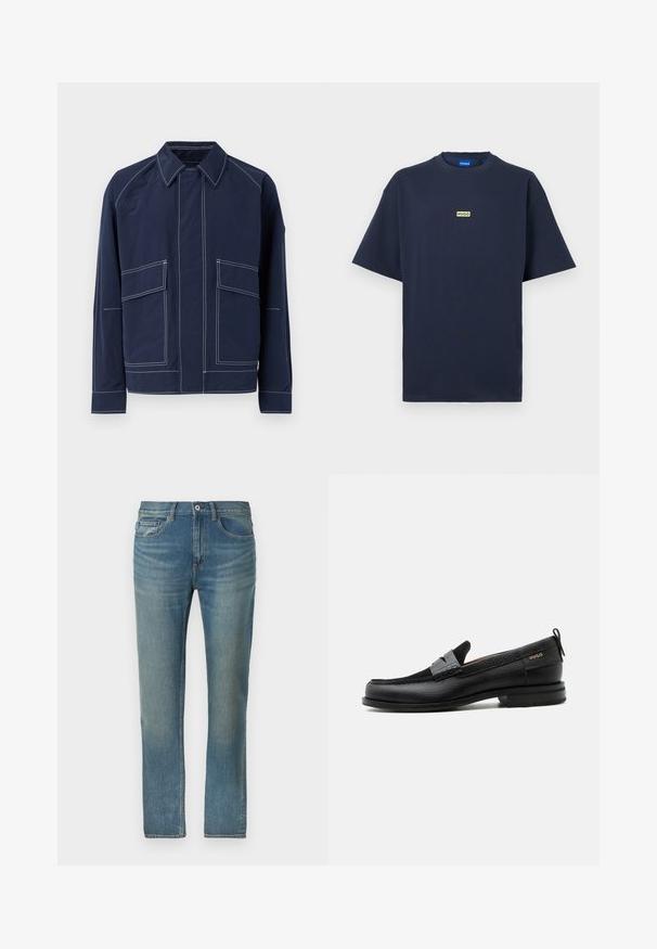 Veste bleu marine avec un col, deux grandes poches avant, des coutures blanches contrastées et une coupe décontractée. Fabriquée en matériau léger.; T-shirt bleu marine à manches courtes avec un petit logo rectangulaire beige portant l'inscription "HUGO" centré sur la poitrine.; Jean en denim bleu clair avec une coupe droite. Design standard à cinq poches et fermeture par bouton avec des accents de couture sur les coutures.; Mocassin en cuir noir avec détail de bride grise, talon bas et semelle texturée, marqué "HUGO" en or sur le côté.