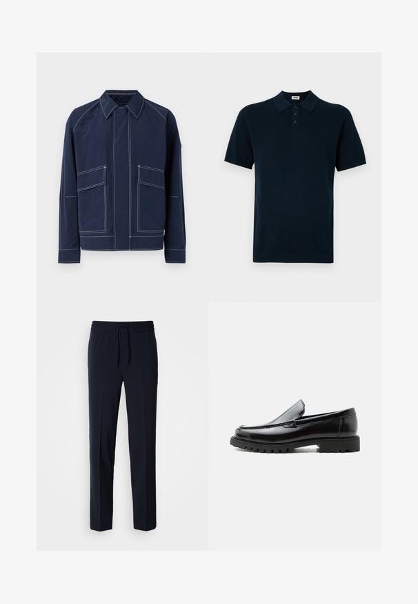 Marineblaue Jacke mit Kragen, zwei großen Fronttaschen, kontrastierender weißer Naht und lockerer Passform. Hergestellt aus leichtem Material.; Marineblaue Polohemden mit kurzen Ärmeln, aus strukturiertem Stoff, mit einer Dreiknopf-Leiste sowie gestricktem Kragen und Bündchen.; Marineblaue, leichte Hose mit einem elastischen Bund und verstellbarem Kordelzug, ausgestattet mit einem geraden Schnitt und glatter Textur.; Schwarzer Lederloafer mit grober Gummisohle, genähter Oberseite und geprägtem Markennamen an der Ferse, seitlich auf weißem Hintergrund gezeigt.