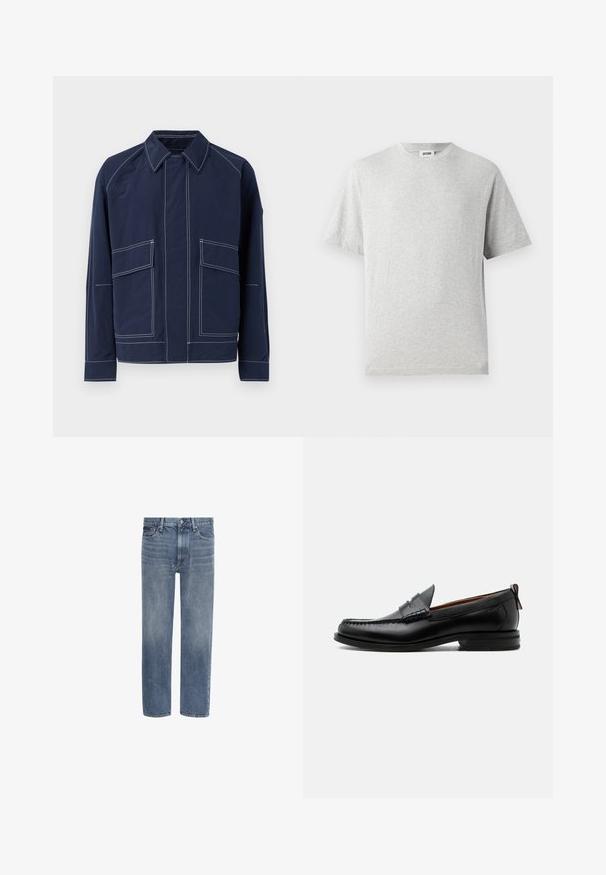 Marineblå jakke med krave, to store frontlommer, kontrast hvide sømme og afslappet pasform. Lavet af letvægtsmateriale.; Grå kortærmet t-shirt lavet af blødt stof. Har rund hals, afslappet pasform og ingen mønstre eller logoer. Glat tekstur hele vejen igennem.; Blå straight-leg denim jeans med forlommer, bæltestropper og knaplukning.; Sort læder herre loafer med moc-tå syning, penny strop, struktureret krave og lav stablet hæl på hvid baggrund.