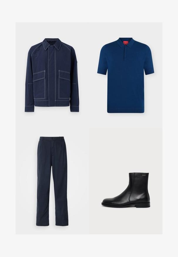 Marineblå jakke med krave, to store frontlommer, kontrast hvide sømme og afslappet pasform. Lavet af letvægtsmateriale.; Mørkeblå kortærmet polo-shirt med krave og knaplukning, med en rød label indvendigt ved halsudskæringen.; Mørkeblå bukser lavet af en bomuldsblanding. Har et lige ben design, en frontknaplukning og diskrete plisser. Glat tekstur.; Sort læderankelstøvle med lav hæl, sidesyning og lille "HUGO" logo på den øverste manchet mod en ensfarvet baggrund.
