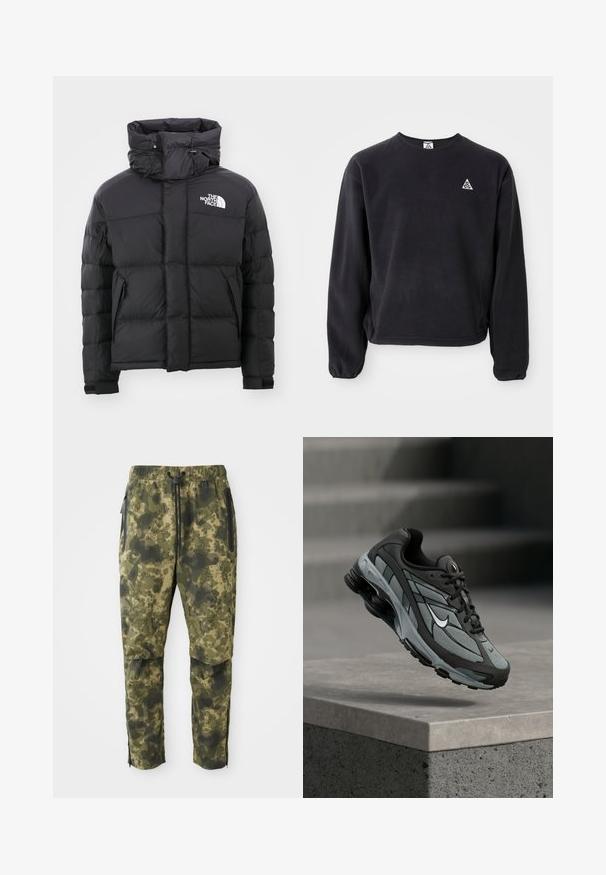 Sort pufferjakke med høj krave, lynlås foran og et broderet logo på den øverste venstre side. Har kviltede sektioner og elastiske manchetter.; Sort sweatshirt med lange ærmer, rund halsudskæring og elastiske manchetter. Har et lille hvidt trekantet logo på venstre bryst. Blød tekstur.; Kamuflagebukser i forskellige nuancer af grøn med et digitalt mønster. Har elastisk talje, snor og sidelommer med lynlås.; Grå og sort atletiksko med meshpaneler og tyk sål, placeret i luften over en betonliste med trapper i baggrunden.
