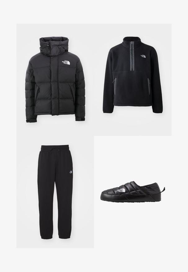 Schwarze Daunenjacke mit hohem Kragen, Reißverschluss vorne und einem gestickten Logo auf der oberen linken Seite. Verfügt über gesteppte Abschnitte und elastische Bündchen.; Schwarzer Fleece-Halbzip-Pullover mit hohem Kragen, ausgestattet mit einer Brusttasche und zwei Seitentaschen. Das Design enthält einen kontrastierenden Reißverschluss.; Schwarze Jogginghose aus weichem Stoff, mit einem elastischen Bund und Kordelzug, Bündchen an den Knöcheln und einem kleinen Logo am Oberschenkel.; Schwarzer Slipper mit gestepptem Design, aus gepolstertem Material gefertigt. Verfügt über eine strukturierten Gummisohle und eine kleine Lasche hinten.