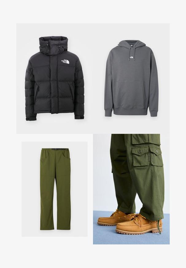Schwarze Daunenjacke mit hohem Kragen, Reißverschluss vorne und einem gestickten Logo auf der oberen linken Seite. Verfügt über gesteppte Abschnitte und elastische Bündchen.; Grauer Hoodie aus weichem Stoff, mit Kängurutasche, Kapuze mit Kordelzug, gerippten Bündchen und einem kleinen Logo auf der Brust.; Olivgrüne gerade geschnittene Hose mit elastischem Bund und schwarzem verstellbarem Schnallen-Gürtel, Vorder- und Seitentaschen, Details in der vorderen Naht.; Timberland AUTHENTIC 3 EYE - Bootsschuh - wheat