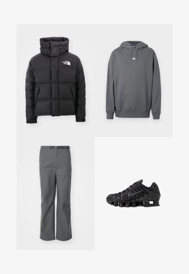 Chaqueta acolchada negra con cuello alto, frontal con cremallera y un logotipo bordado en la parte superior izquierda. Cuenta con secciones acolchadas y puños elásticos.; Sudadera con capucha gris hecha de tela suave, con bolsillo canguro, capucha con cordón, puños acanalados y un pequeño logo en el pecho.; Pantalones exteriores grises hechos de tejido resistente, con un corte de pierna recta, cinturón ajustable y detalles en las costuras para mayor estructura.; Zapatillas deportivas negras fabricadas con malla y materiales sintéticos, con un diseño ondulado distintivo, suela de goma negra y detalles reflectantes.