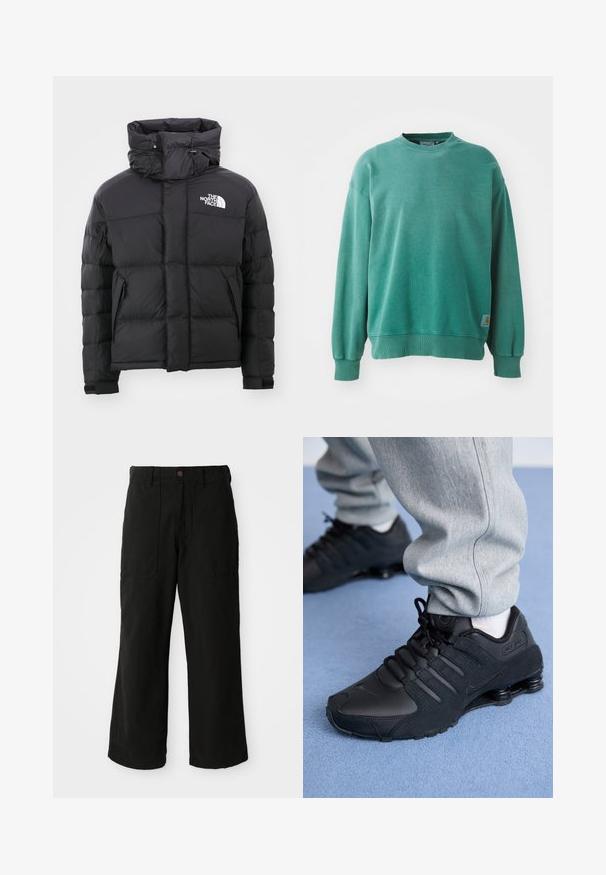 Doudoune noire avec un col haut, une fermeture éclair à l'avant et un logo brodé sur le côté supérieur gauche. Elle présente des sections matelassées et des poignets élastiques.; Sweatshirt vert à col rond fabriqué en mélange de coton. Il présente des poignets et un ourlet côtelés, une coupe décontractée, et une petite étiquette logo sur le bas à gauche.; Pantalons noirs à large jambe en tissu doux, dotés de poches avant et d'une fermeture à bouton à la taille. Design minimaliste sans motifs visibles.; Personne portant des baskets Nike Shox noires et un pantalon de survêtement gris, debout sur un tapis bleu clair.