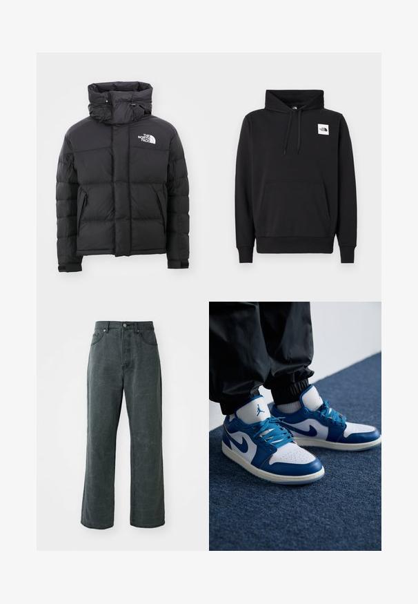 Sort pufferjakke med høj krave, lynlås foran og et broderet logo på den øverste venstre side. Har kviltede sektioner og elastiske manchetter.; Sort pullover-hoodie lavet af en bomuldsblanding, med en forlommekangaroo, snørre i hætten og et lille hvidt logo på brystet.; Bredde ben mørkegrå jeans lavet af denim, med høj talje, fem-lomme design og en subtil distressed tekstur.; Nike Air Jordan sneakers har en hvid læderbase med blå syntetiske detaljer, en perforeret tåboks og blå snørebånd.