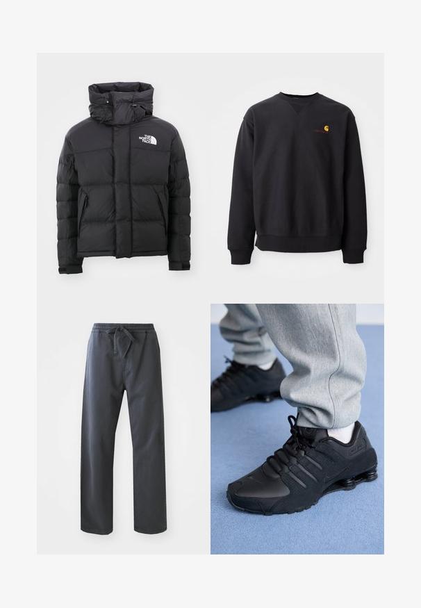 Sort pufferjakke med høj krave, lynlås foran og et broderet logo på den øverste venstre side. Har kviltede sektioner og elastiske manchetter.; Sort sweatshirt med rund halsudskæring, lange ærmer og ribbede manchetter. Har et gult og rødt logo på venstre bryst. Lækkert bomuldsstof.; Sort, elastiske bukser med taljeelastik og snøre, der har et lige ben-design og en glat tekstur. Ingen synlige lommer eller mønstre.; Person iført sorte Nike Shox sneakers og grå joggingbukser, der står på lyseblåt tæppe.