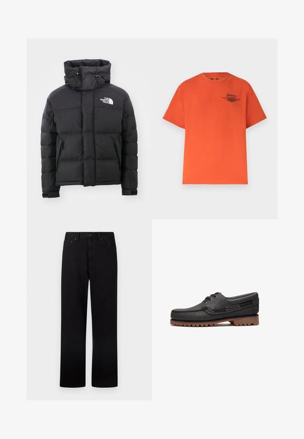 Schwarze Daunenjacke mit hohem Kragen, Reißverschluss vorne und einem gestickten Logo auf der oberen linken Seite. Verfügt über gesteppte Abschnitte und elastische Bündchen.; Helles orangefarbenes T-Shirt mit kurzen Ärmeln, rundem Ausschnitt und kleinem schwarzem Dickies- und Harley-Davidson-Logo auf der linken Brust.; Schwarze Jeans mit geradem Bein, Knopf- und Reißverschluss, Gürtelschlaufen sowie Taschen vorne und hinten, auf weißem Hintergrund dargestellt.; Schwarzes Bootsschuh aus Leder mit Schnürdetails, rundem Zehenbereich, strukturierter brauner Gummisohle und genähten Lederseiten.