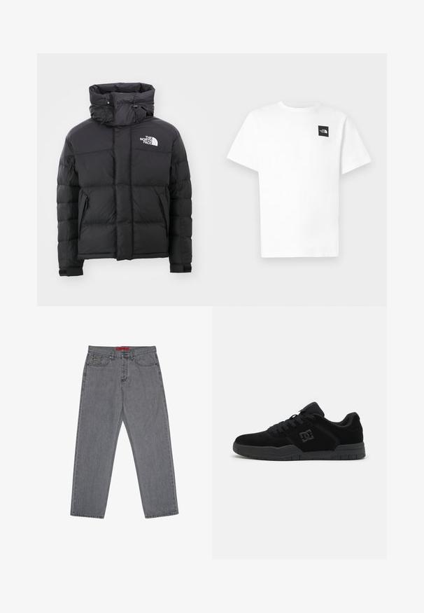 Schwarze Daunenjacke mit hohem Kragen, Reißverschluss vorne und einem gestickten Logo auf der oberen linken Seite. Verfügt über gesteppte Abschnitte und elastische Bündchen.; Weißes Baumwoll-T-Shirt mit kurzen Ärmeln, auf der linken Brust mit einem schwarzen quadratischen Logo und einem Rundhalsausschnitt.; Graue Jeans aus Denim mit gerade geschnittenen Beinen, ausgestattet mit einem roten Etikett am Bund und dezenten Steppnähten. Klassisches Design mit fünf Taschen.; Schwarze Skateschuhe aus Wildleder und Mesh, mit einem Low-Top-Design, dicker Gummisohle und Logodetail an der Seite.