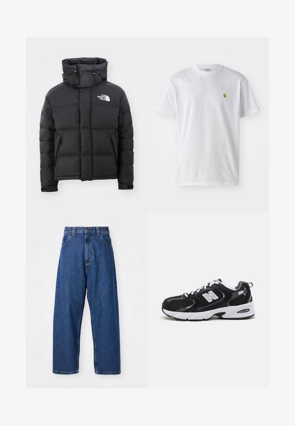 Schwarze Daunenjacke mit hohem Kragen, Reißverschluss vorne und einem gestickten Logo auf der oberen linken Seite. Verfügt über gesteppte Abschnitte und elastische Bündchen.; Weißes Baumwoll-T-Shirt mit kurzen Ärmeln, Rundhalsausschnitt, mit einem kleinen goldenen Logo im linken Brustbereich. Weicher Stoff und normale Passform.; Weite Jeans aus Denim in Dunkelblau. Hohe Taille, Gürtelschlaufen und klassisches Fünf-Taschen-Design. Gestickter Saum mit sauberem Finish.; Schwarze und graue Sportschuhe mit Obermaterial aus Mesh und Wildleder, ausgestattet mit einer weißen Zwischensohle, Schnürsenkeln und einem markanten "N"-Logo an der Seite.