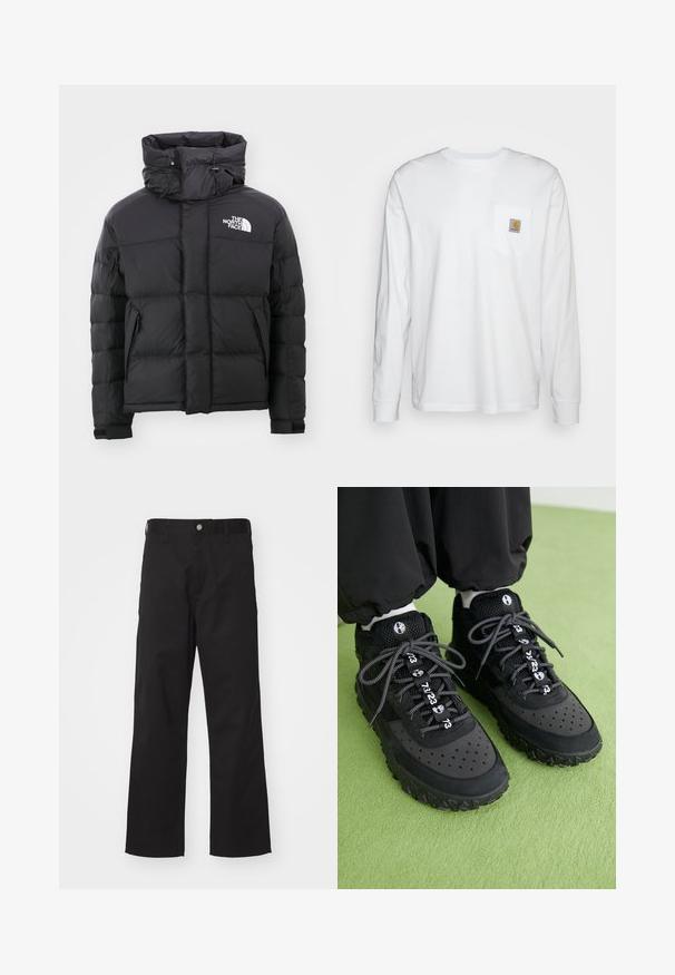 Chaqueta acolchada negra con cuello alto, frontal con cremallera y un logotipo bordado en la parte superior izquierda. Cuenta con secciones acolchadas y puños elásticos.; Camisa blanca de manga larga hecha de algodón, con un bolsillo en el pecho que lleva un parche de logo cuadrado. Diseño sencillo con escote redondeado y mangas con puños.; Pantalones negros de tela duradera con un corte recto, que presentan un cierre frontal con botón, passadores para cinturón y sin patrones o acentos visibles.; Las zapatillas negras presentan una mezcla de materiales de cuero y malla, una suela de goma texturizada, perforaciones prominentes y cordones decorados con patrones y acentos numéricos.