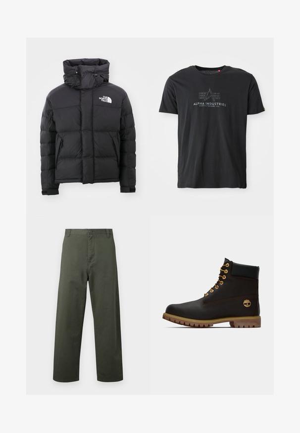 Schwarze Daunenjacke mit hohem Kragen, Reißverschluss vorne und einem gestickten Logo auf der oberen linken Seite. Verfügt über gesteppte Abschnitte und elastische Bündchen.; Schwarzes Baumwoll-T-Shirt mit Rundhalsausschnitt, das einen strukturierten Logo-Druck mit den Worten "ALPHA INDUSTRIES" und einem dreieckigen Design in der Mitte zeigt.; Grüne Baumwollhose mit geradem Schnitt, mit Knopfverschluss vorne und seitlichen Taschen. Glatte Textur, einfacher Stil und keine sichtbaren Muster.; Schwarze Leder-Ankle-Boots mit goldenen Ösen, braunen Akzenten und einer Gummisohle. Verfügt über einen gepolsterten Schaft und ein geprägtes Logo an der Seite.