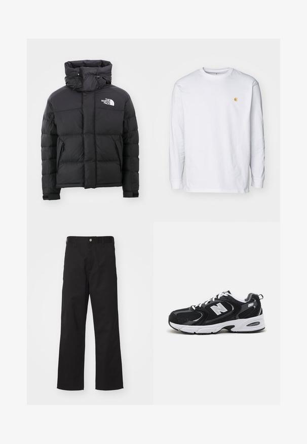 Schwarze Daunenjacke mit hohem Kragen, Reißverschluss vorne und einem gestickten Logo auf der oberen linken Seite. Verfügt über gesteppte Abschnitte und elastische Bündchen.; Weißes Langarm-T-Shirt aus Baumwolle. Mit kleinem goldenem Logo auf der Brust und Rundhalsausschnitt. Einfaches Design und normale Passform.; Schwarze Hose aus strapazierfähigem Material mit geradem Schnitt, ausgestattet mit einem vorderen Knopfverschluss, Gürtelschlaufen und ohne sichtbare Muster oder Akzente.; Schwarze und graue Sportschuhe mit Obermaterial aus Mesh und Wildleder, ausgestattet mit einer weißen Zwischensohle, Schnürsenkeln und einem markanten "N"-Logo an der Seite.