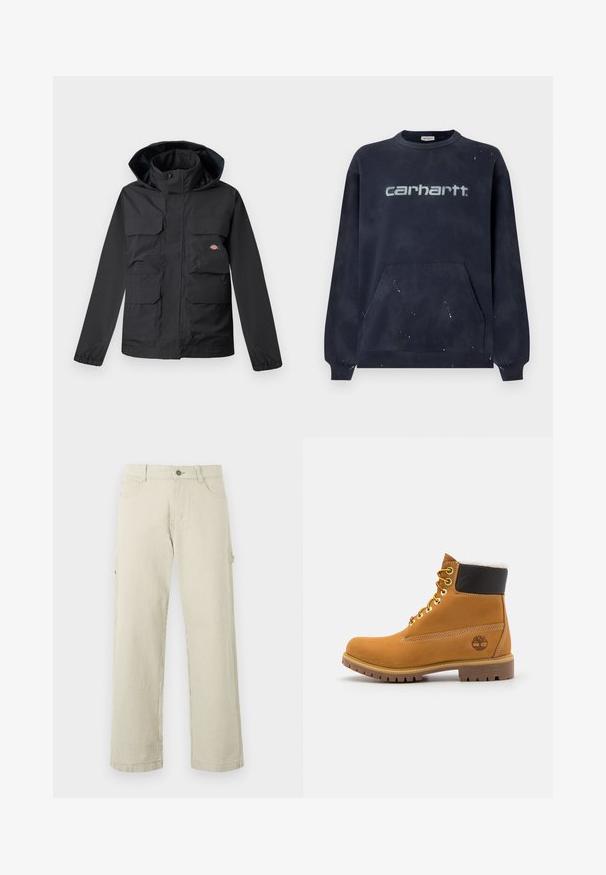 Sort vandtæt jakke med hætte, der har fire forlommer, lynlås foran og elastiske manchetter. Glat tekstur, funktionelt design.; Mørkeblå sweatshirt med en frontlomme, ribbede manchetter og en falmet hvid logo; stoffet har et plettet mønster.; Beige og hvide, lodrette, stribede bukser med lige ben, knaplukning, bæltestropper og sidelommer, vist på en ensfarvet baggrund.; Brune læder ankelstøvle med metaløjer, hvid pelsforing, sort polstret krave, robust sål og præget logo på siden.