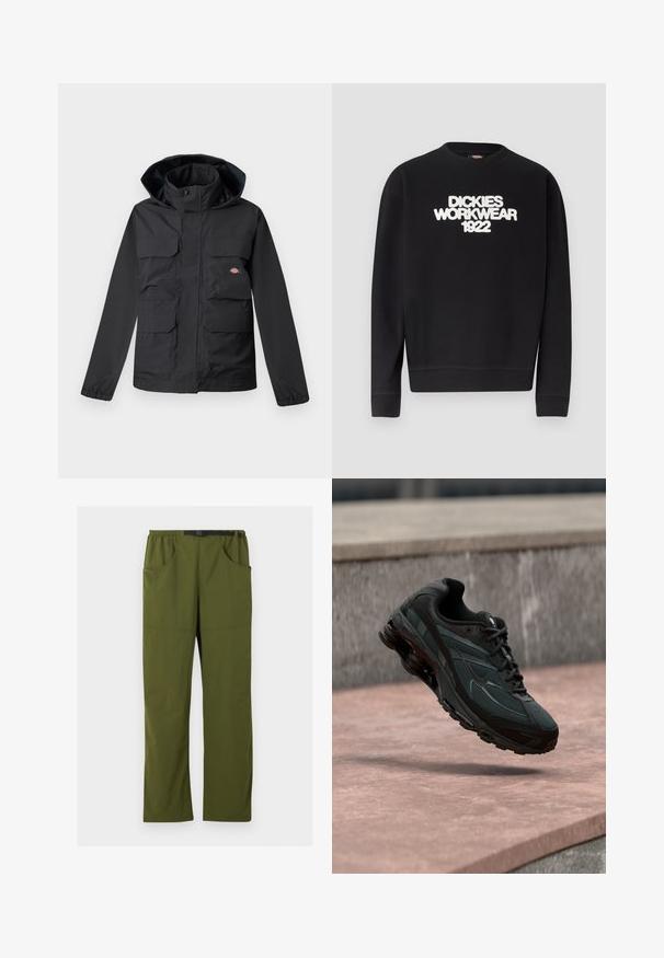 Sort vandtæt jakke med hætte, der har fire forlommer, lynlås foran og elastiske manchetter. Glat tekstur, funktionelt design.; Sort crewneck-sweatshirt med hvidt, tekstureret tekst "DICKIES WORKWEAR 1922" på brystet, ribstrikkede manchetter og kant.; Olivengrønne bukser med lige ben, elastisk talje og sort justerbart spændebælte, forlommer og sidelommer, detaljer med søm foran.; Sort atletisk sneaker med synligt luftdæmpende mellemsål, der svæver over en pink stenoverflade med en grå stenvæg i baggrunden.