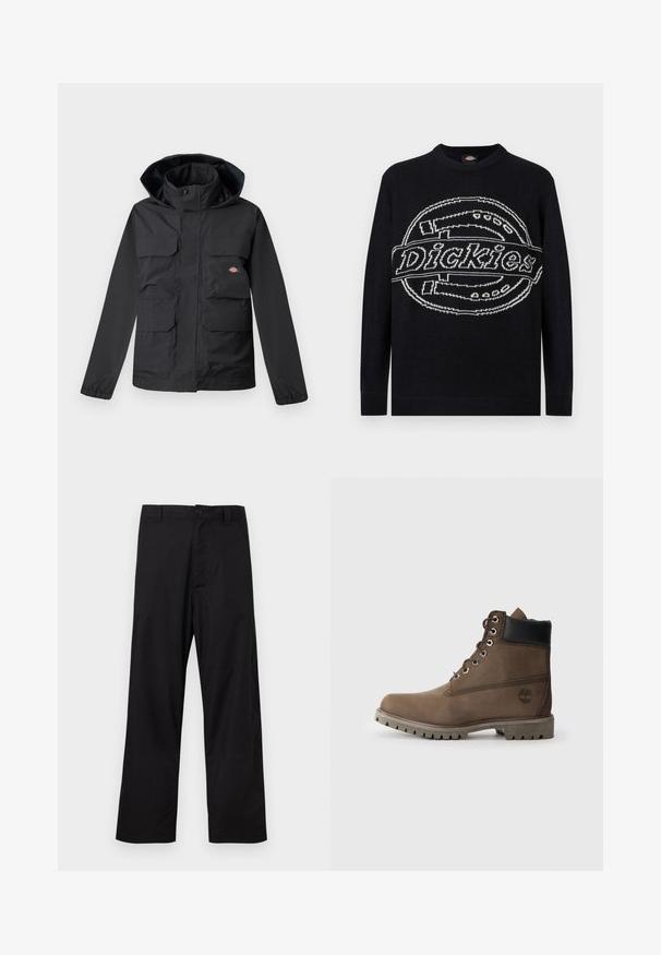 Zwarte waterdichte jas met een capuchon, voorzien van vier voorzakken, een ritsluiting en elastische manchetten. Glad textuur, functioneel ontwerp.; Zwarte trui met lange mouwen en een grote witte Dickies-logo gebreid over de borst, met geribbelde manchetten en zoom.; Zwarte broek met rechte pijpen, knoop- en ritssluiting, lussen voor een riem, plat weergegeven op een lichte achtergrond.; Bruine leren enkelboot met zwarte kraag, metalen veterogen en een robuuste grijze zool. Beschikt over een logo aan de zijkant en gestikte details.