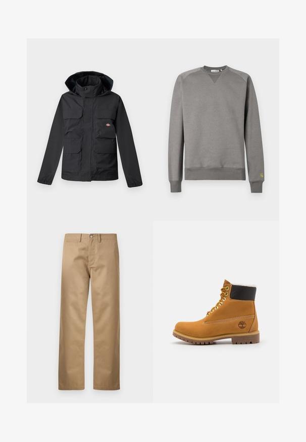 Sort vandtæt jakke med hætte, der har fire forlommer, lynlås foran og elastiske manchetter. Glat tekstur, funktionelt design.; Grå sweatshirt lavet af blødt stof. Har ribbede manchetter og kant, rund hals og et lille grønt logo på venstre ærme.; Kaki chinos lavet af glat bomuldsstof, med klassisk lige ben-design, forlommer og en enkelt baglomme.; Brune læder ankelstøvle med metaløjer, hvid pelsforing, sort polstret krave, robust sål og præget logo på siden.