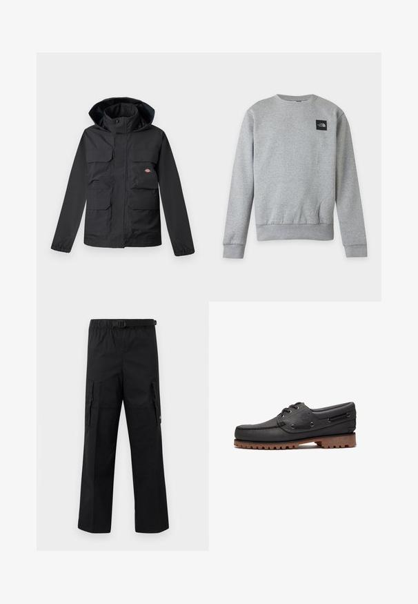 Schwarze wasserdichte Jacke mit Kapuze, ausgestattet mit vier Vorderfronttaschen, einem Reißverschluss und elastischen Bündchen. Glatte Textur, funktionales Design.; Schlichter hellgrauer Sweatshirt mit Rundhalsausschnitt, langen Ärmeln und einem kleinen schwarzen The North Face Logo-Patch auf der oberen linken Brust.; Schwarze Cargo-Hosen mit weitem Schnitt, verstellbarem Bund mit Schnalle und zwei Seitentaschen zur Aufbewahrung. Leichtes Material.; Schwarzes Bootsschuh aus Leder mit Schnürdetails, rundem Zehenbereich, strukturierter brauner Gummisohle und genähten Lederseiten.