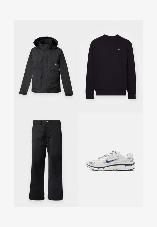 Schwarze wasserdichte Jacke mit Kapuze, ausgestattet mit vier Vorderfronttaschen, einem Reißverschluss und elastischen Bündchen. Glatte Textur, funktionales Design.; Schwarzes Sweatshirt aus weichem Material mit Rundhalsausschnitt, langen Ärmeln und gerippten Bündchen. Verfügt über ein kleines weißes Logo auf der Brust.; Schwarze Hose mit geradem Bein und glattem Stoff. Verfügt über Seitentaschen und einen Knopfverschluss am Bund.; Nike Sportswear P 6000 UNISEX - Sneaker low - phantom/obsidian/summit white/white/black/metallic silver