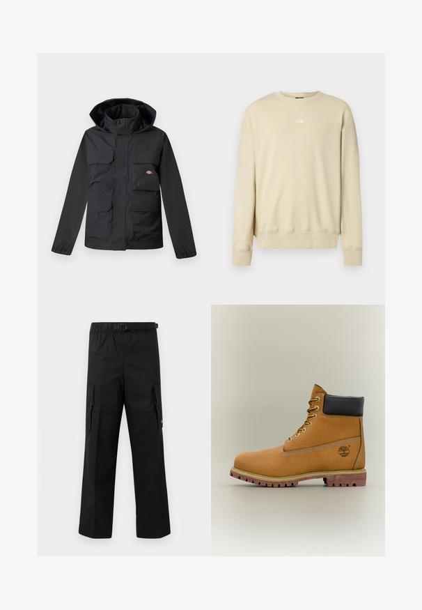 Sort vandtæt jakke med hætte, der har fire forlommer, lynlås foran og elastiske manchetter. Glat tekstur, funktionelt design.; Beige sweatshirt med lange ærmer, ribbet manchetter og rund halsudskæring. Har en lille hvid logo på brystet. Blød tekstur.; Sorte cargo-bukser med bred ben-design, justerbar talje med spænde og to sidelommer til opbevaring. Letvægtsstof.; Brun læderankelstøvle med sort krave, gule snørebånd og tanfarvet sål. Har logo og hvide syninger som detalje. Robust ydersål med greb.