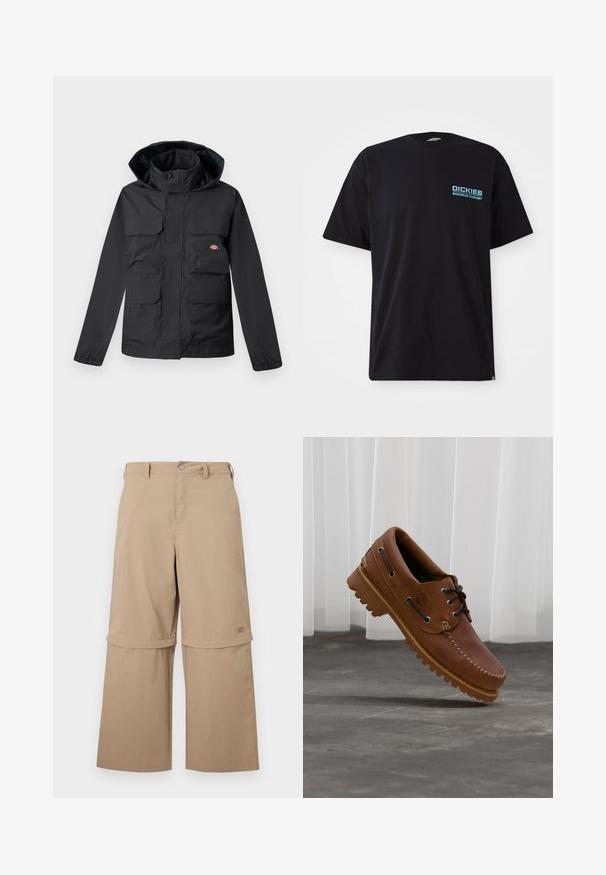 Sort vandtæt jakke med hætte, der har fire forlommer, lynlås foran og elastiske manchetter. Glat tekstur, funktionelt design.; Sort bomulds t-shirt med korte ærmer, forsynet med et blåt "DICKIES WORKWEAR COMPANY" logo på venstre bryst. Standard rund halsudskæring.; Beige cargobukser med aftagelige ben, bæltestropper, sidelommer og knaplukning, vist på hvid baggrund.; Brun læder bådsko med sorte snørebånd, beige syninger og en robust sål, hængende over en grå betongulv.