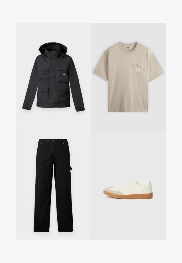 Sort vandtæt jakke med hætte, der har fire forlommer, lynlås foran og elastiske manchetter. Glat tekstur, funktionelt design.; Beige kortærmet T-shirt i bomuld med brystlomme med lille rød og hvid label, vist på en ensfarvet baggrund.; Sorte cargo bukser lavet af slidstærkt stof med flere lommer, en afslappet pasform, synlige sømme og trykknapdetaljer.; Sneaker lavet af hvid læder med en beige tåhætte og let brunt gummisål. Har flade hvide snørebånd og prægede branding på siden.