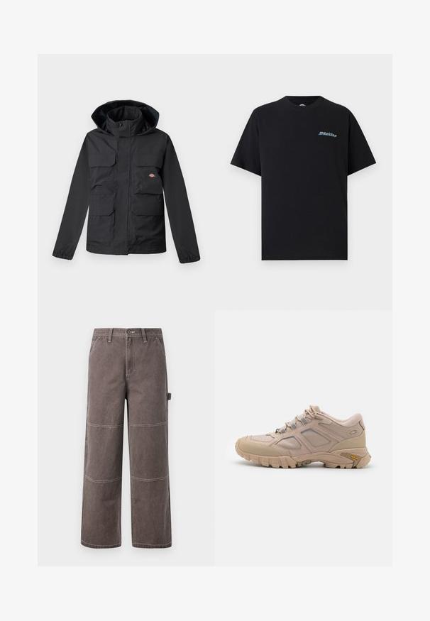 Zwarte waterdichte jas met een capuchon, voorzien van vier voorzakken, een ritsluiting en elastische manchetten. Glad textuur, functioneel ontwerp.; Zwart T-shirt met korte mouwen en ronde hals, met een klein, kleurrijk "Dickies"-logo op de linkerborst tegen een effen achtergrond.; Wijd been broek in een vervaagde bruine kleur, gemaakt van duurzaam materiaal met contrasterende stiksels. Kenmerkt paneeldetails en een zijzak.; Beige hardloopschoen met een gestructureerde mesh bovenkant, synthetische overlay en een Vibram zool. Voorzien van vetersysteem en details op de zijpanelen.