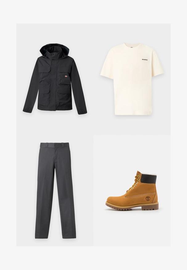 Sort vandtæt jakke med hætte, der har fire forlommer, lynlås foran og elastiske manchetter. Glat tekstur, funktionelt design.; Cremefarvet bomulds-T-shirt med korte ærmer, med et lille sort "Dickies"-logo på venstre brystområde. Enkel, afslappet pasform.; Grå bukser lavet af glat stof, med lige ben-design, knappelukning og bæltesløjfer; minimale sømme og uden mønstre.; Brune læder ankelstøvle med metaløjer, hvid pelsforing, sort polstret krave, robust sål og præget logo på siden.