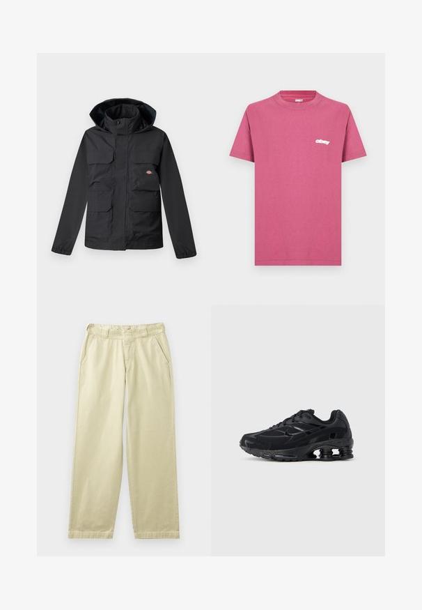 Zwarte waterdichte jas met een capuchon, voorzien van vier voorzakken, een ritsluiting en elastische manchetten. Glad textuur, functioneel ontwerp.; Roze katoenen T-shirt met een klassieke ronde hals. Heeft een klein wit "obey" logo op de linkerborst. Korte mouwen en rechte onderkant.; Beige katoenen broek met een relaxte pasvorm, voorzien van zijzakken, ceintuurlussen en rechte pijpen. Gladde textuur met minimale stikdetails.; Zwarte sportieve schoen met een bovenwerk van mesh, een gevoerde kraag en opvallende dempingstechnologie bij de hiel. Heeft gestructureerde accenten en veters.