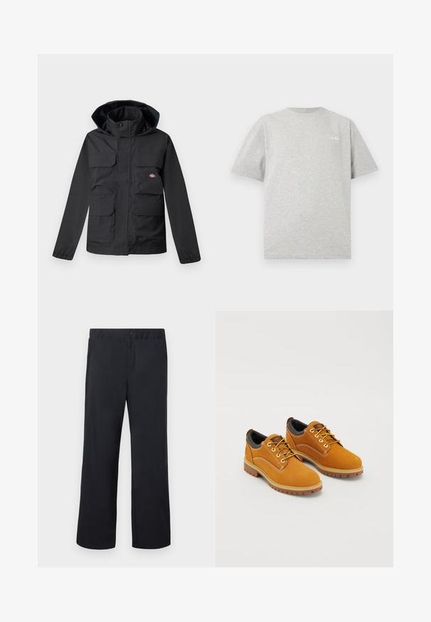 Sort vandtæt jakke med hætte, der har fire forlommer, lynlås foran og elastiske manchetter. Glat tekstur, funktionelt design.; Lysegrå crewneck t-shirt med korte ærmer og lille hvidt logo på øverste venstre bryst mod hvid baggrund.; Sorte bukser med lige ben, elastisk talje og enkelt knap over lynlåsgylp, vist fladt på hvid baggrund.; Brune ruskindssko med rund tå, gule snørebånd, en polstret sort krave og gummisåler med skridsikre riller.